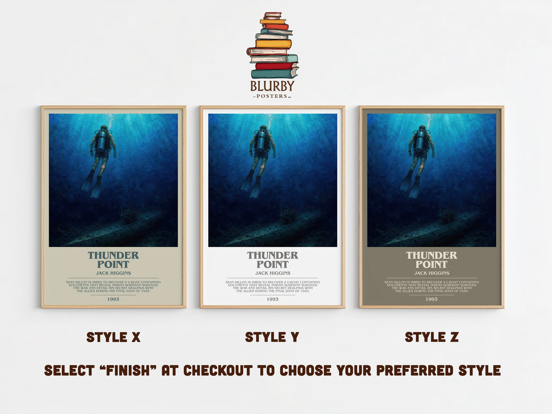 Thunder Point bookish print in frame leaning in hallway – thriller wall art (mockup)