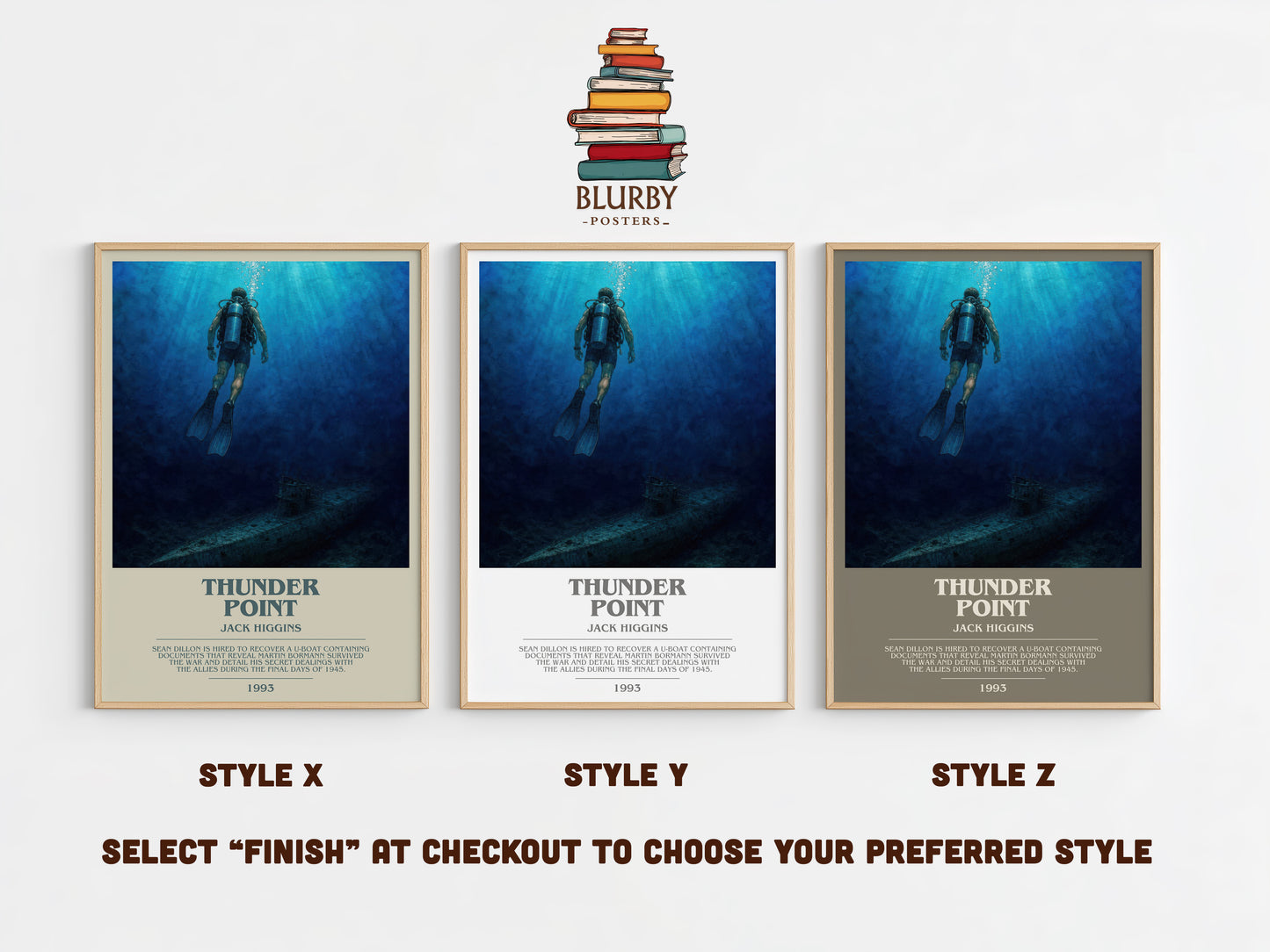 Thunder Point bookish print in frame leaning in hallway – thriller wall art