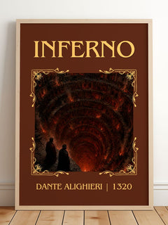 Inferno Classic Book Art Print by Dante Alighieri – framed print leaning on a wooden floor