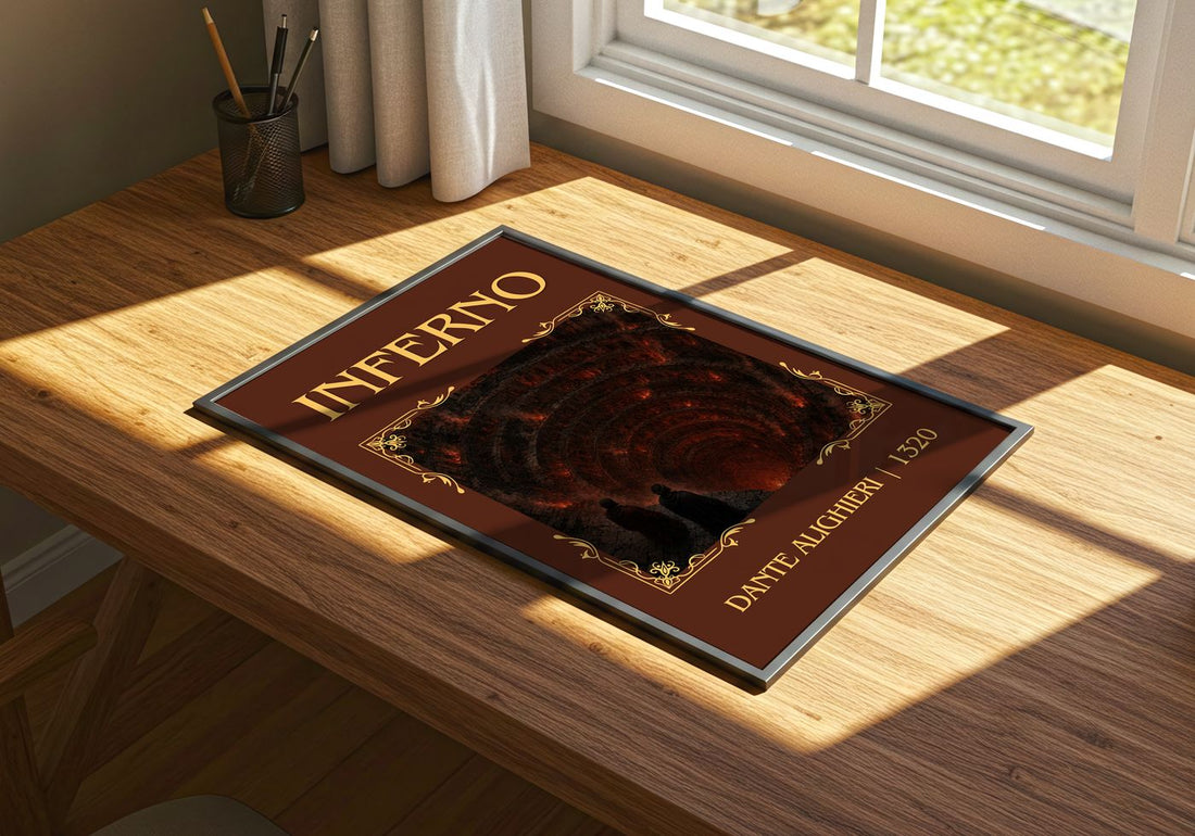 Inferno Classic Book Art Print by Dante Alighieri – print on a sunlit desk