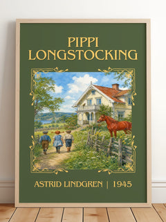 Pippi Longstocking Classic Book Art Print by Astrid Lindgren – framed print leaning on a wooden floor