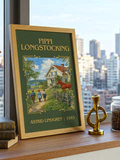 Pippi Longstocking Classic Book Art Print by Astrid Lindgren – framed print on a city-view windowsill