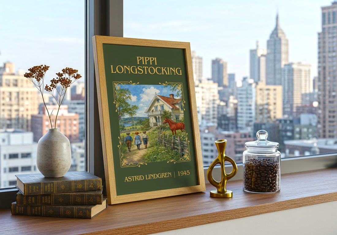 Pippi Longstocking Classic Book Art Print by Astrid Lindgren – framed print on a city-view windowsill