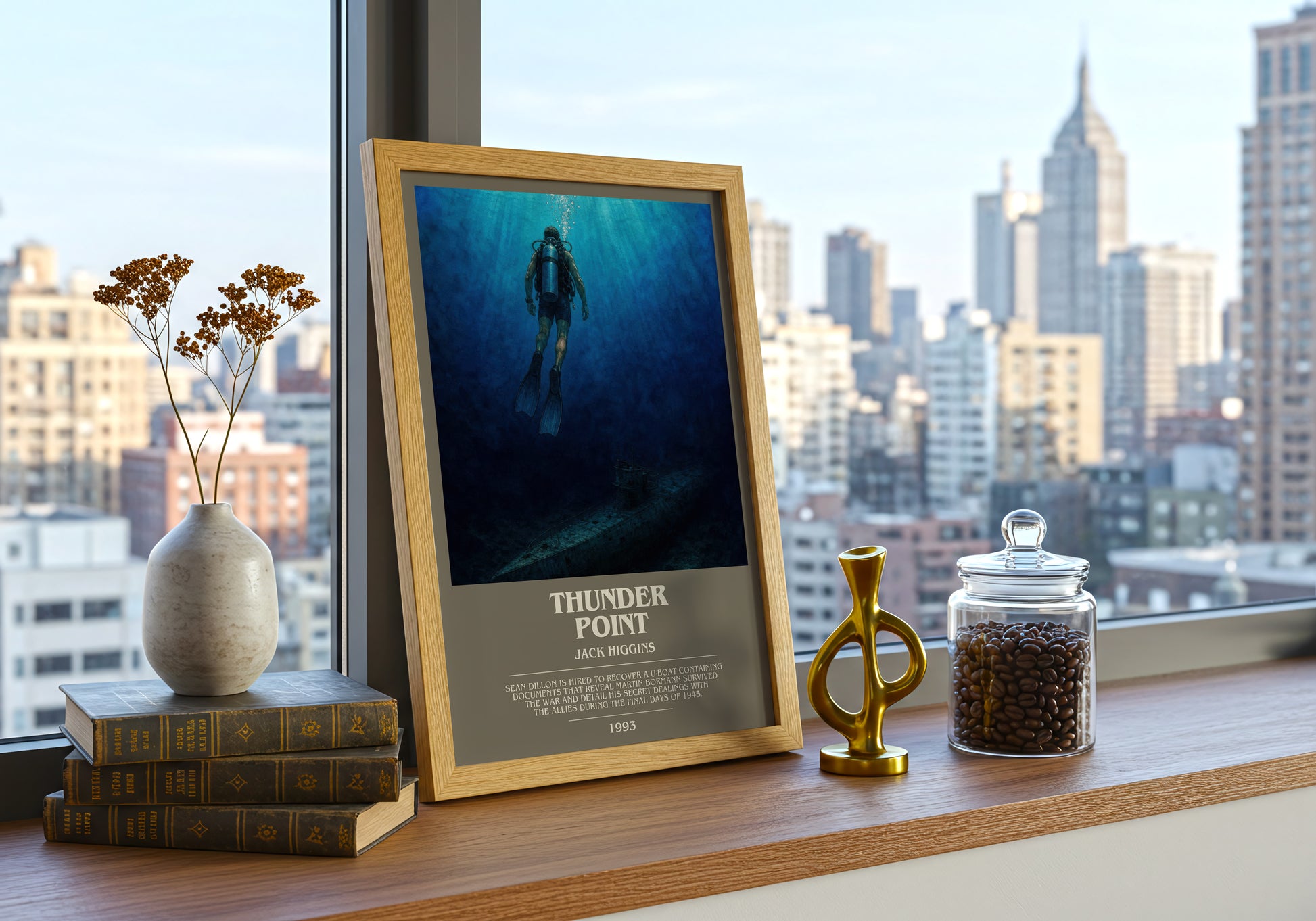 Thunder Point bookish print framed by window – literary home decor