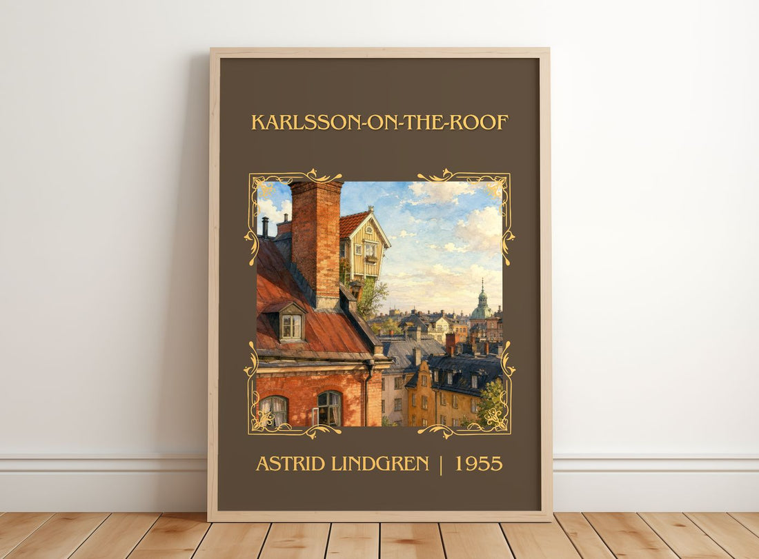Karlsson-on-the-Roof Classic Book Art Print by Astrid Lindgren – framed print leaning on a wooden floor