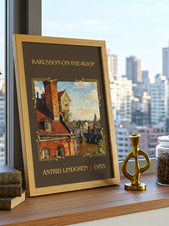 Karlsson-on-the-Roof Classic Book Art Print by Astrid Lindgren – framed print on a city-view windowsill