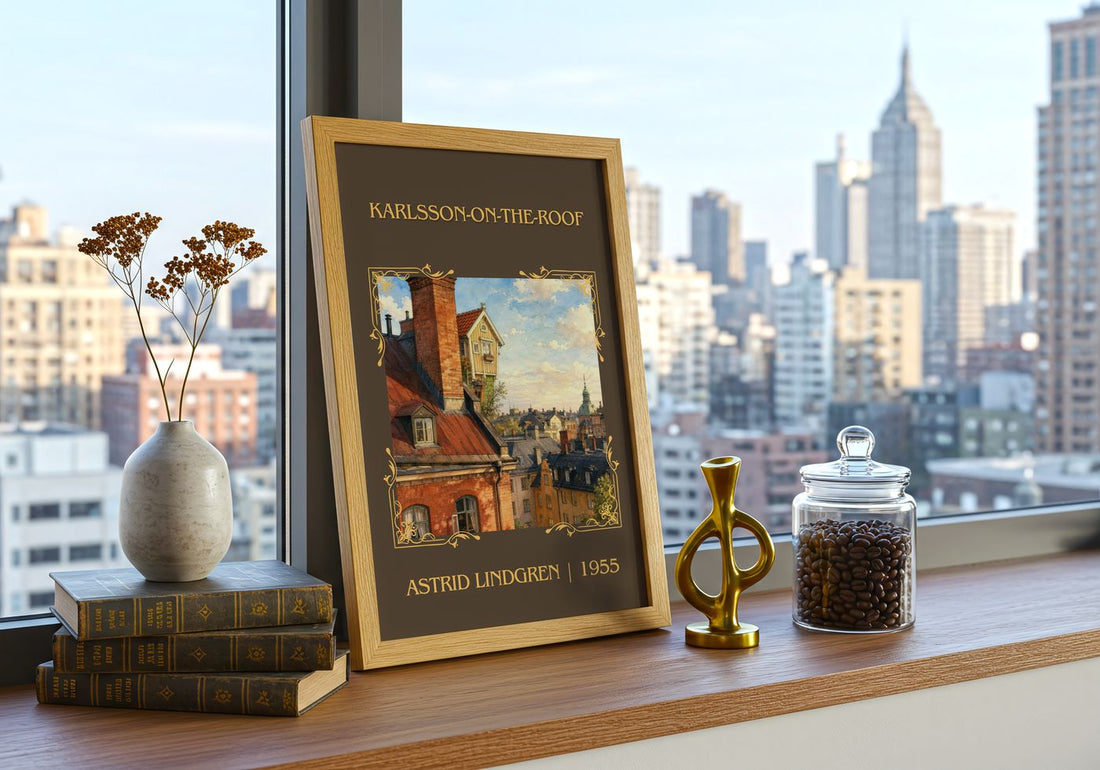 Karlsson-on-the-Roof Classic Book Art Print by Astrid Lindgren – framed print on a city-view windowsill