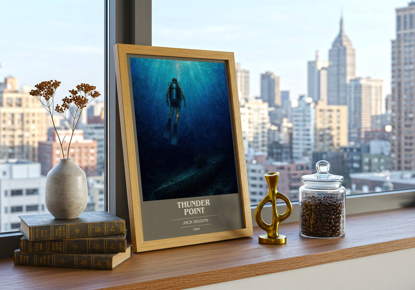 Thunder Point book cover print framed by window – literary home decor