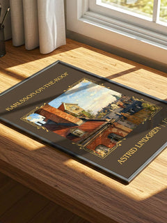 Karlsson-on-the-Roof Classic Book Art Print by Astrid Lindgren – print on a sunlit desk