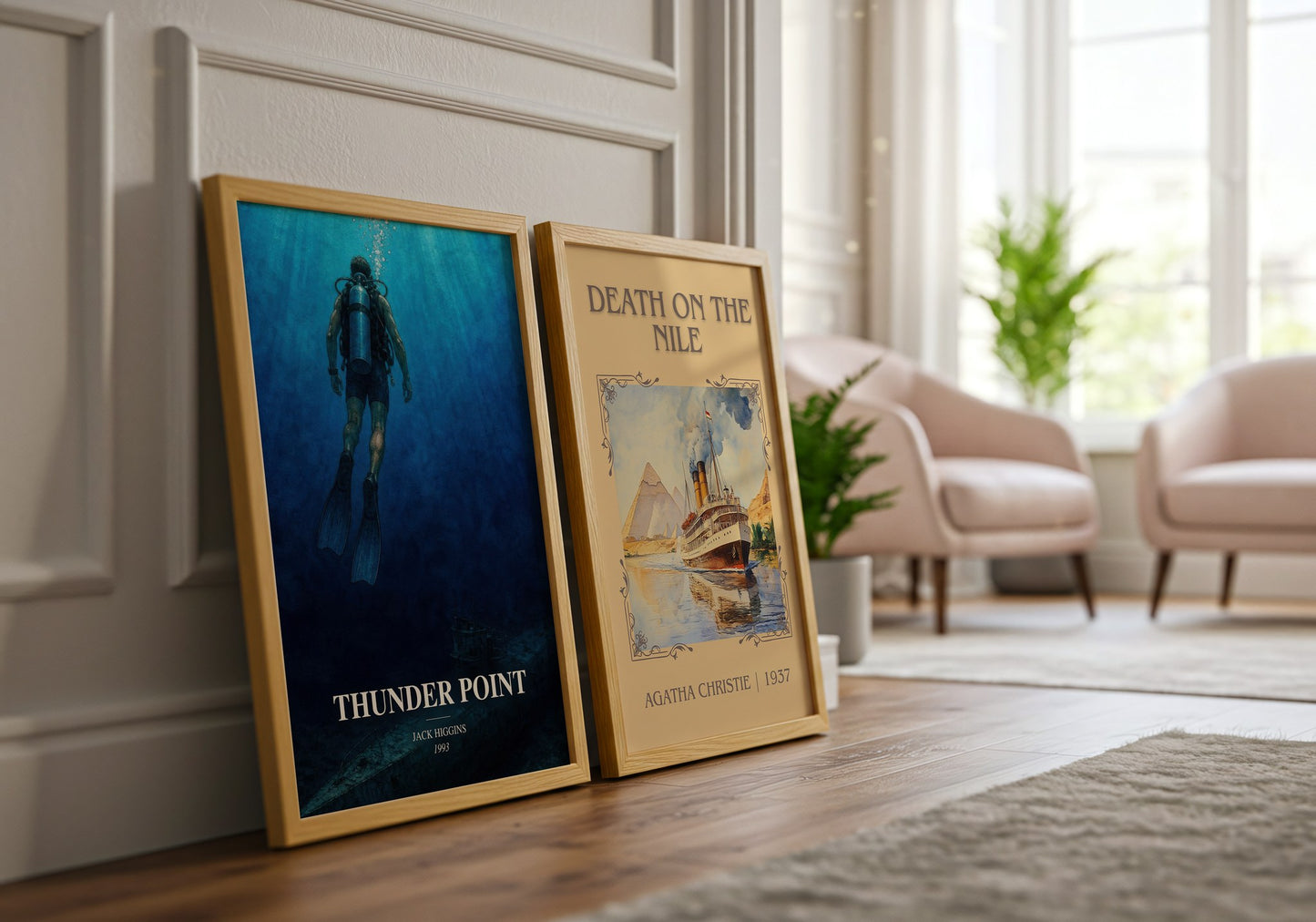 Thunder Point watercolour print framed by window – literary home decor