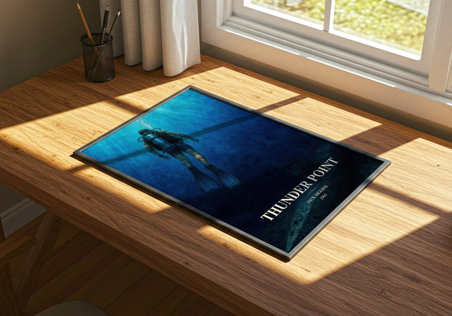 Thunder Point watercolour book poster framed on wall – thriller wall art