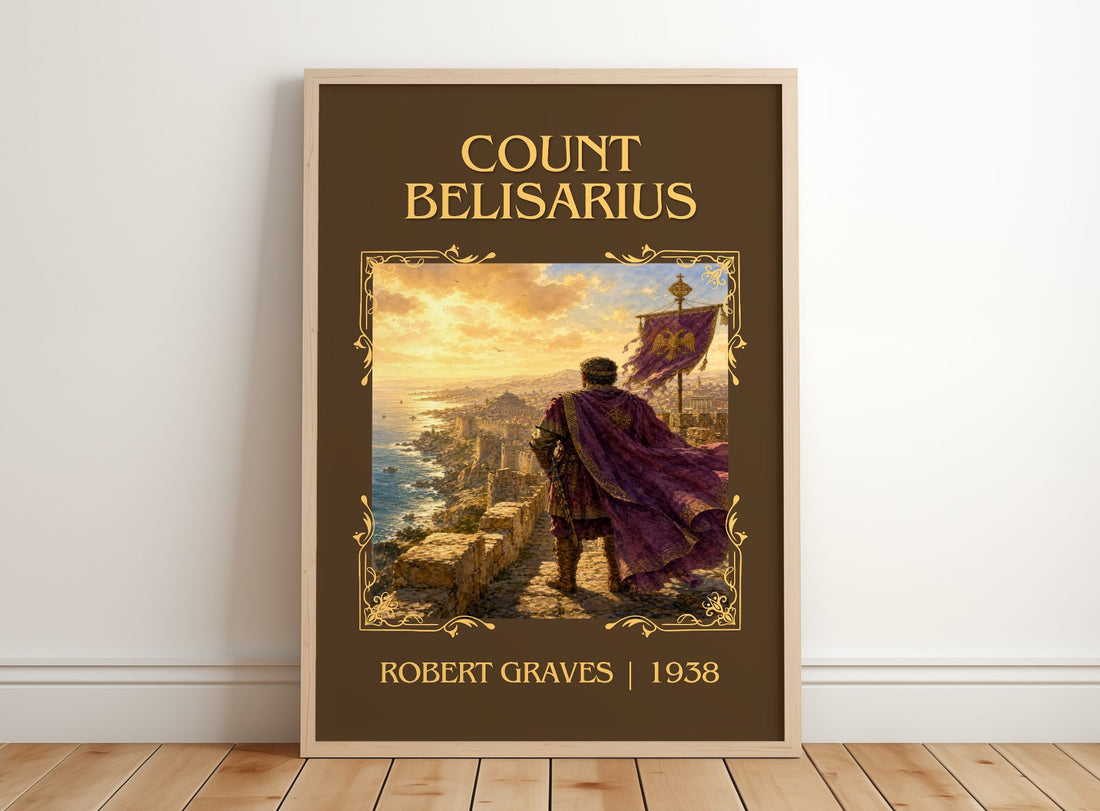 Count Belisarius Classic Book Art Print by Robert Graves – framed print leaning on a wooden floor