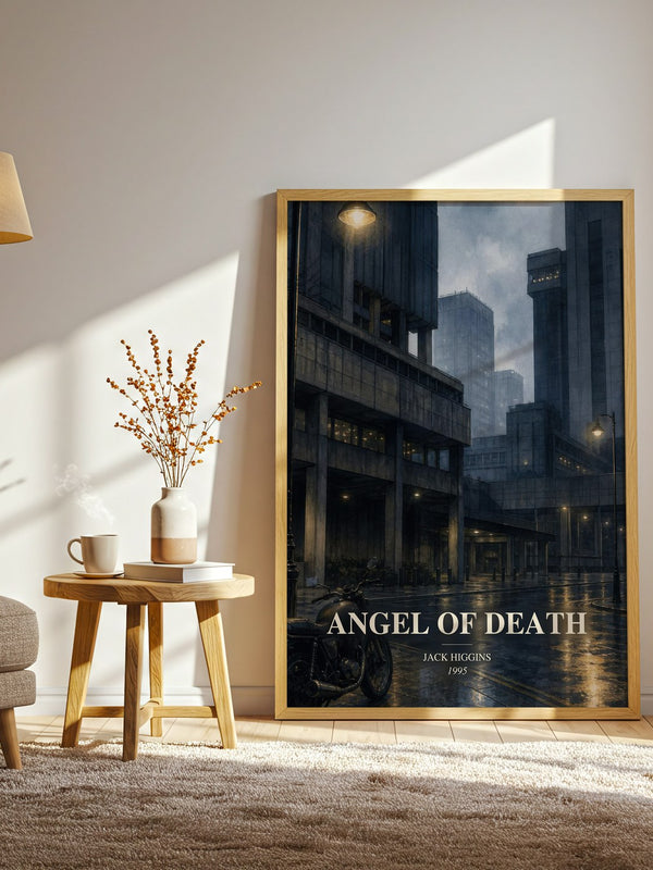 Angel Of Death watercolour print in frame leaning in hallway – thriller wall art