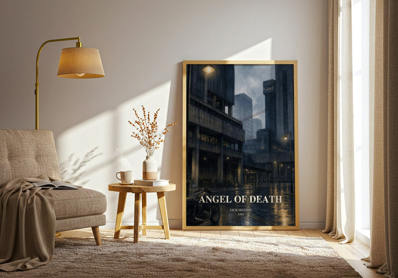Angel Of Death watercolour print in frame leaning in hallway – thriller wall art