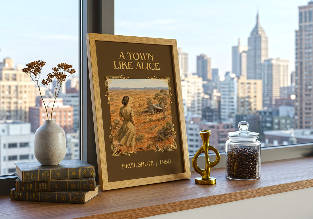 A Town Like Alice Classic Book Art Print by Nevil Shute – framed print on a city-view windowsill