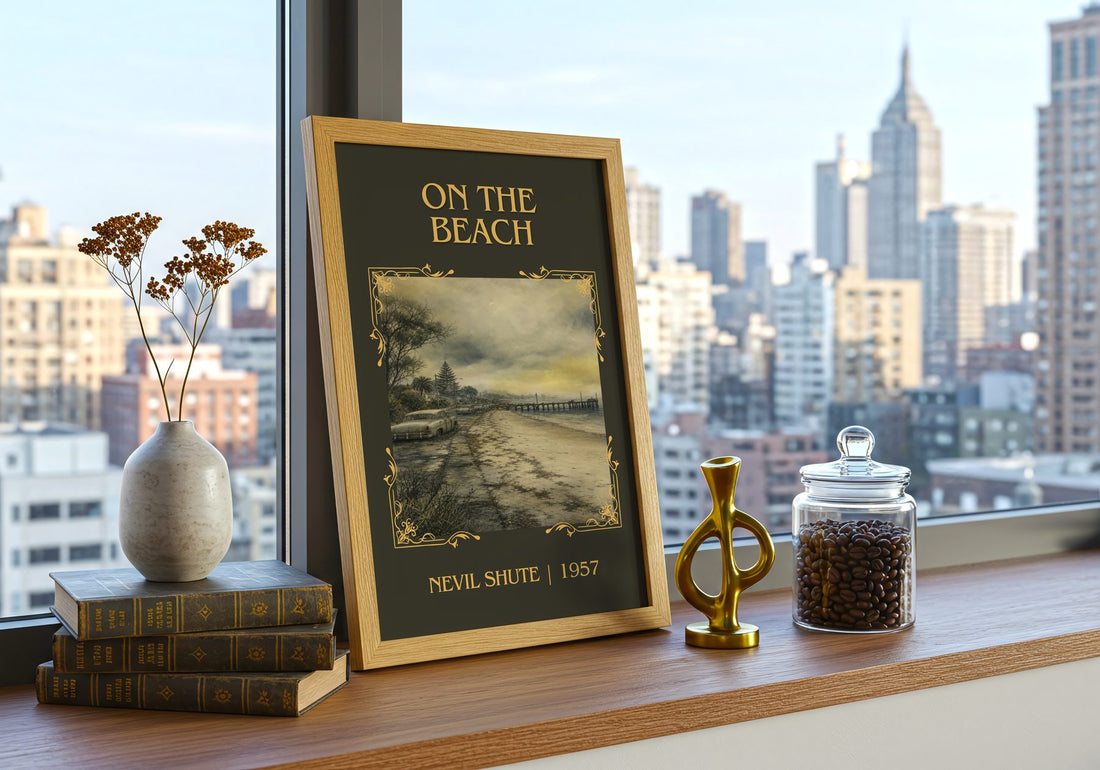 On the Beach Classic Book Art Print by Nevil Shute – framed print on a city-view windowsill