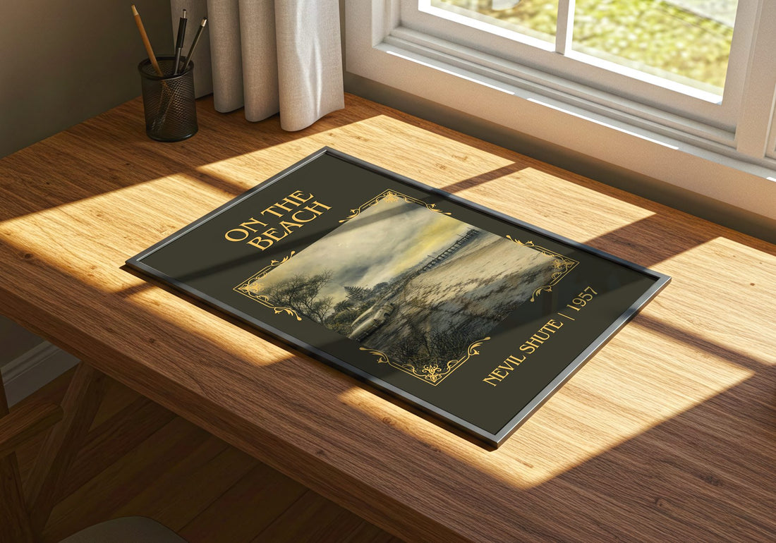 On the Beach Classic Book Art Print by Nevil Shute – print on a sunlit desk