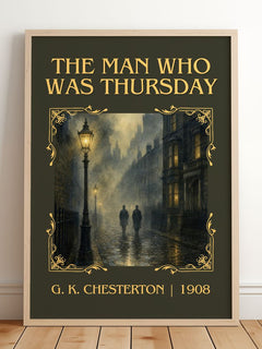 The Man Who Was Thursday Classic Book Art Print by G. K. Chesterton – framed print leaning on a wooden floor
