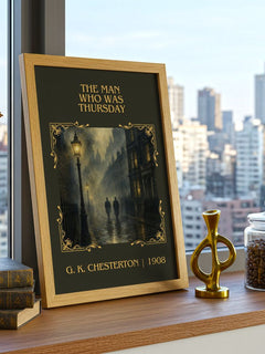 The Man Who Was Thursday Classic Book Art Print by G. K. Chesterton – framed print on a city-view windowsill