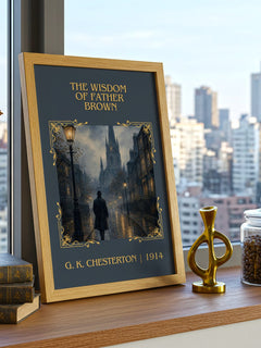The Wisdom of Father Brown Classic Book Art Print by G. K. Chesterton – framed print on a city-view windowsill