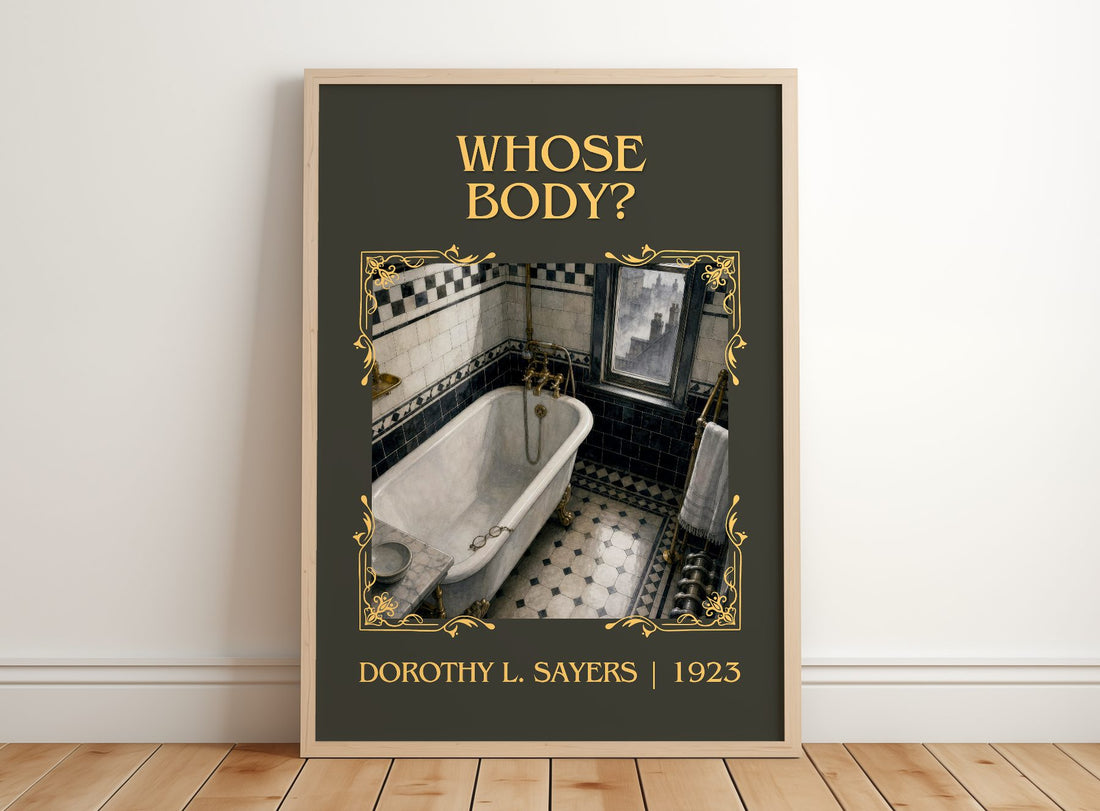Whose Body? Classic Book Art Print by Dorothy L. Sayers – framed print leaning on a wooden floor