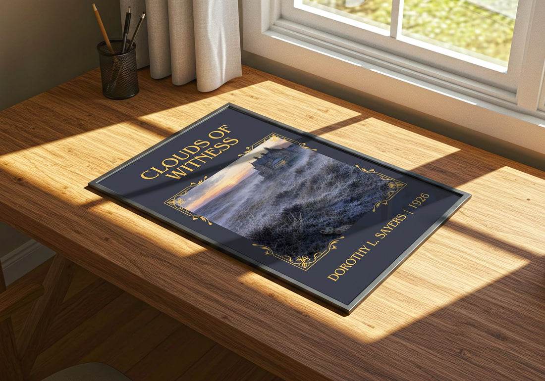 Clouds of Witness Classic Book Art Print by Dorothy L. Sayers – print on a sunlit desk