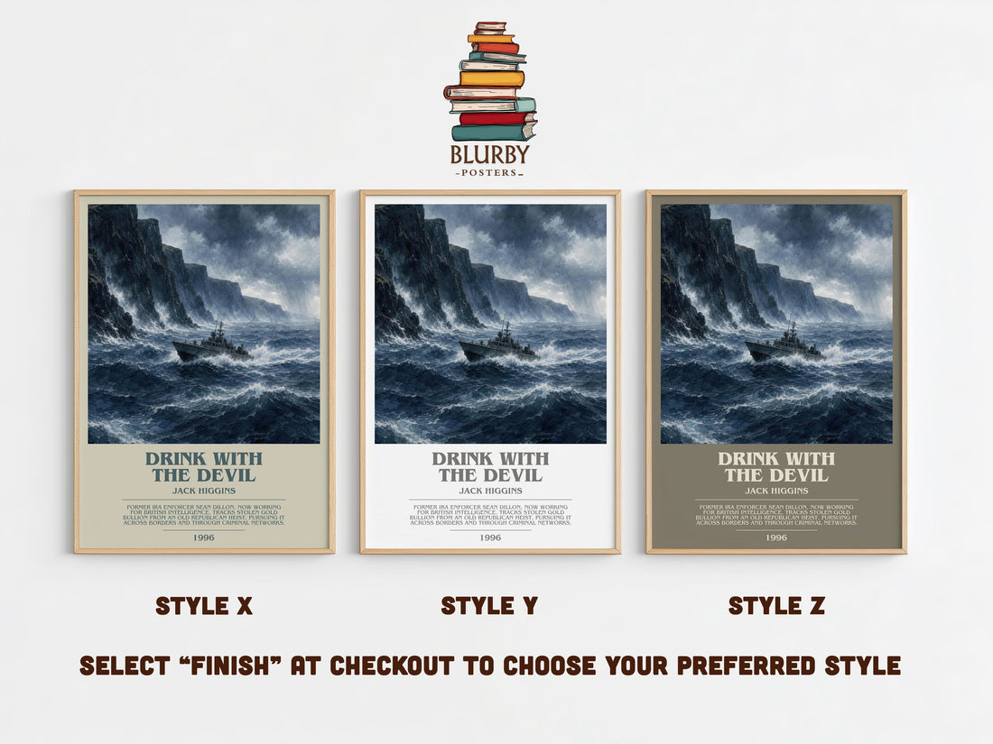Drink With The Devil bookish print in frame leaning in hallway – thriller wall art (mockup)