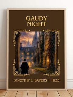 Gaudy Night Classic Book Art Print by Dorothy L. Sayers – framed print leaning on a wooden floor