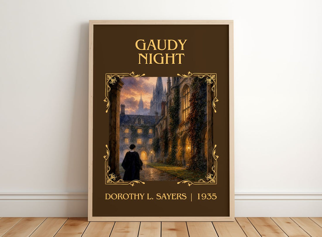 Gaudy Night Classic Book Art Print by Dorothy L. Sayers – framed print leaning on a wooden floor