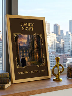 Gaudy Night Classic Book Art Print by Dorothy L. Sayers – framed print on a city-view windowsill