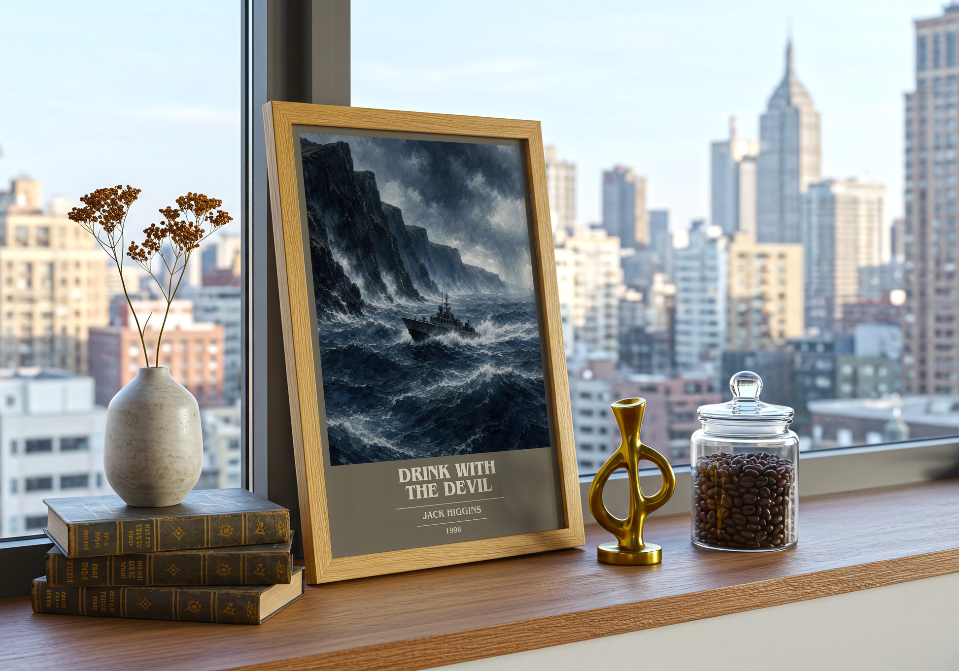 Drink With The Devil book cover print framed by window – literary home decor
