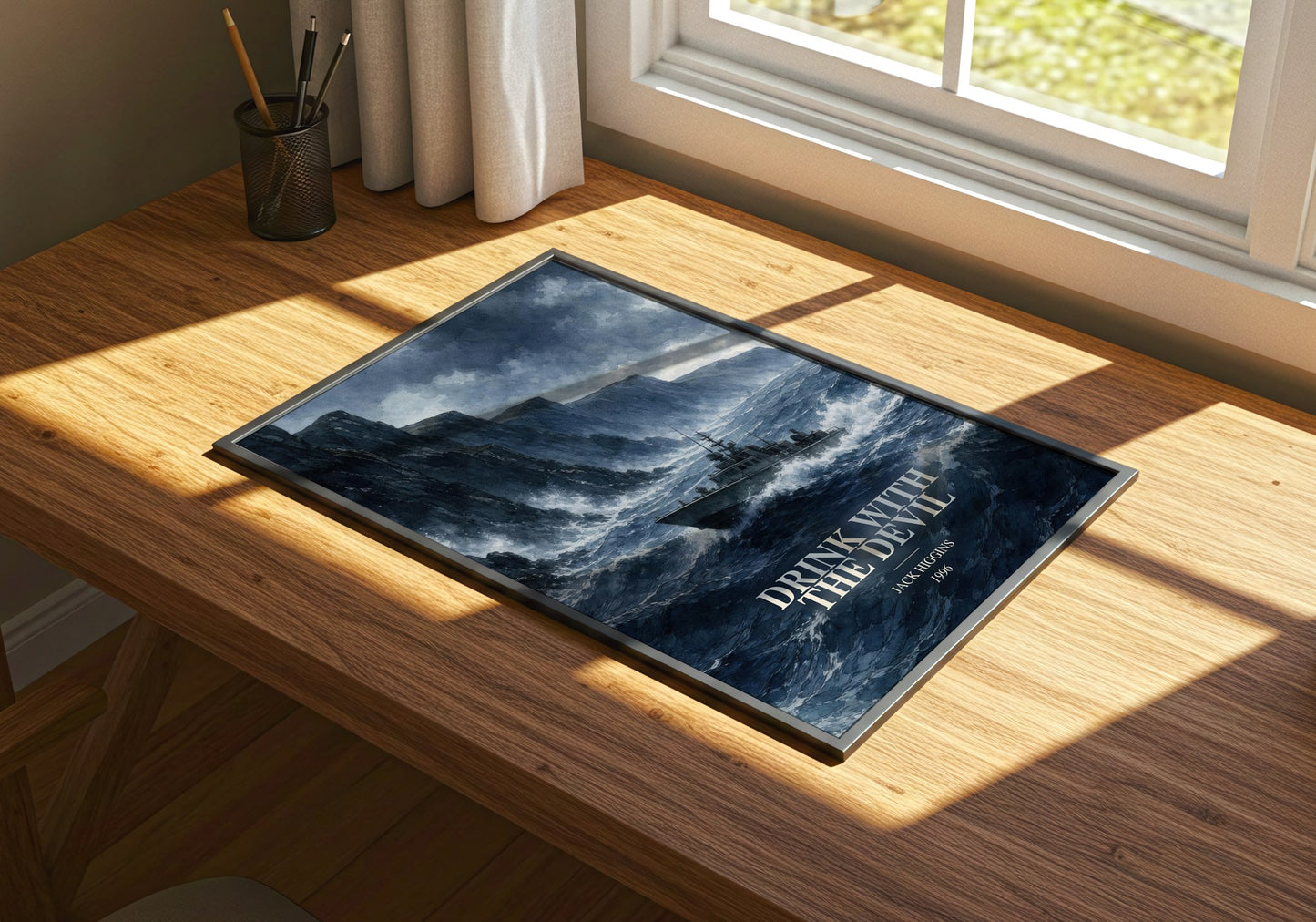 Drink With The Devil watercolour book poster framed on wall – thriller wall art