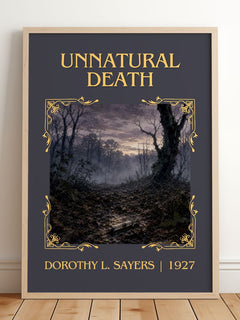Unnatural Death Classic Book Art Print by Dorothy L. Sayers – framed print leaning on a wooden floor