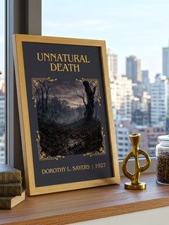 Unnatural Death Classic Book Art Print by Dorothy L. Sayers – framed print on a city-view windowsill