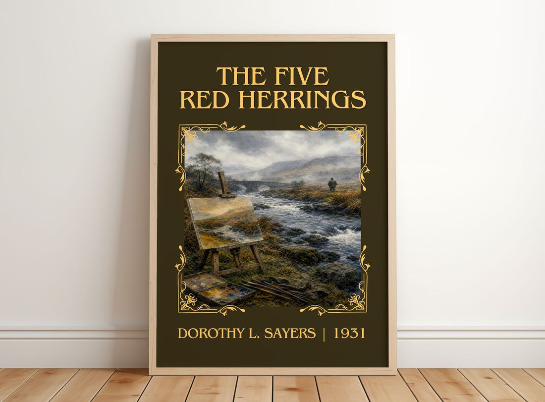 The Five Red Herrings Classic Book Art Print by Dorothy L. Sayers – framed print leaning on a wooden floor