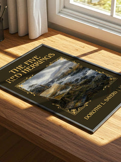 The Five Red Herrings Classic Book Art Print by Dorothy L. Sayers – print on a sunlit desk