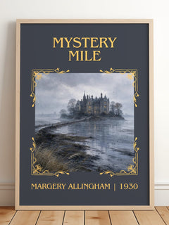 Mystery Mile Classic Book Art Print by Margery Allingham – framed print leaning on a wooden floor