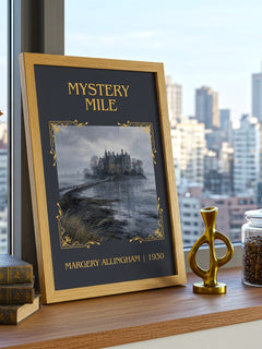 Mystery Mile Classic Book Art Print by Margery Allingham – framed print on a city-view windowsill