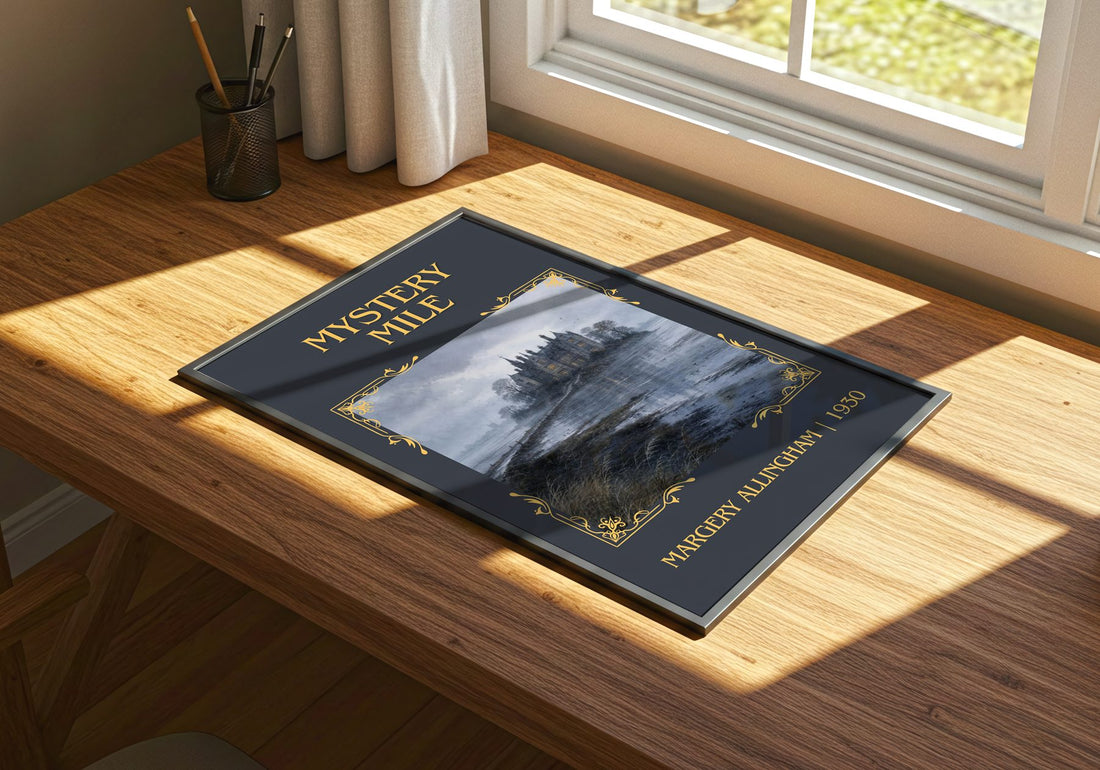 Mystery Mile Classic Book Art Print by Margery Allingham – print on a sunlit desk