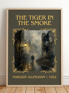 The Tiger in the Smoke Classic Book Art Print by Margery Allingham – framed print leaning on a wooden floor