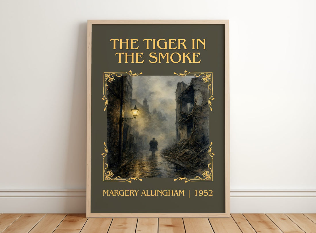 The Tiger in the Smoke Classic Book Art Print by Margery Allingham – framed print leaning on a wooden floor