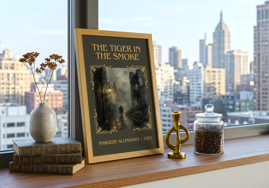 The Tiger in the Smoke Classic Book Art Print by Margery Allingham – framed print on a city-view windowsill