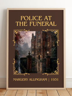 Police at the Funeral Classic Book Art Print by Margery Allingham – framed print leaning on a wooden floor