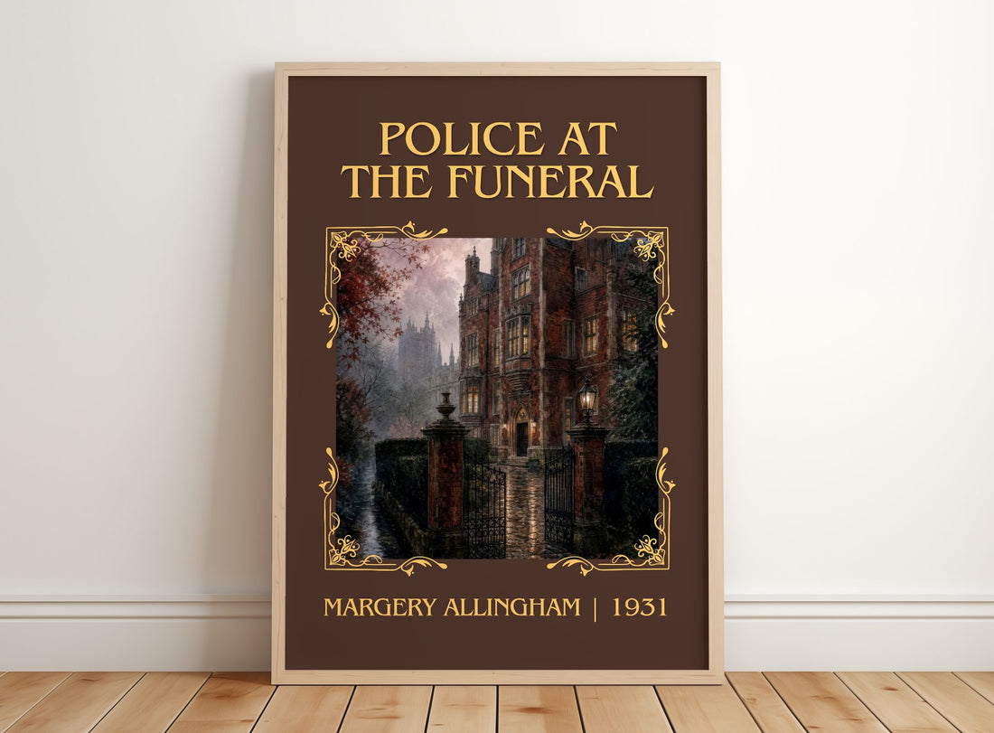 Police at the Funeral Classic Book Art Print by Margery Allingham – framed print leaning on a wooden floor