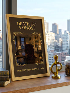 Death of a Ghost Classic Book Art Print by Margery Allingham – framed print on a city-view windowsill