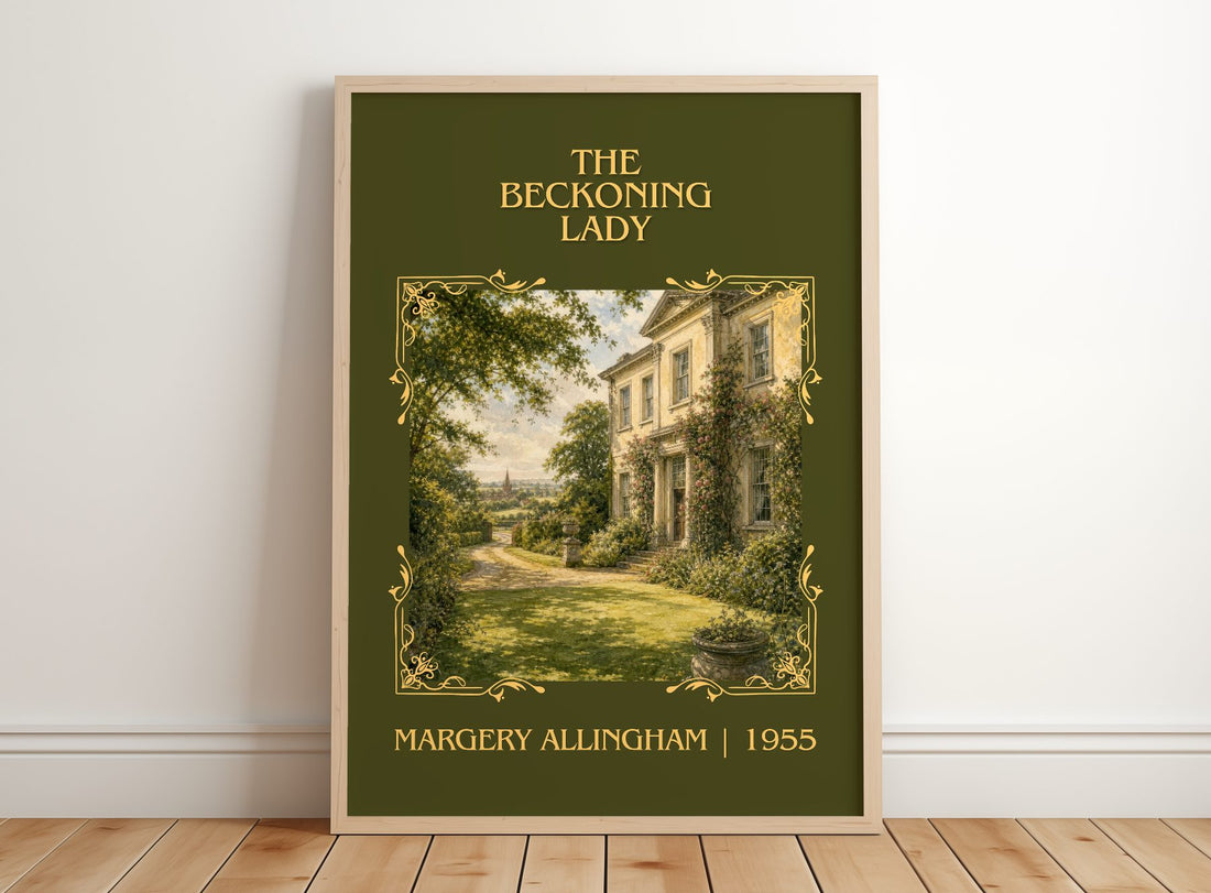 The Beckoning Lady Classic Book Art Print by Margery Allingham – framed print leaning on a wooden floor
