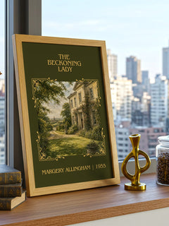 The Beckoning Lady Classic Book Art Print by Margery Allingham – framed print on a city-view windowsill