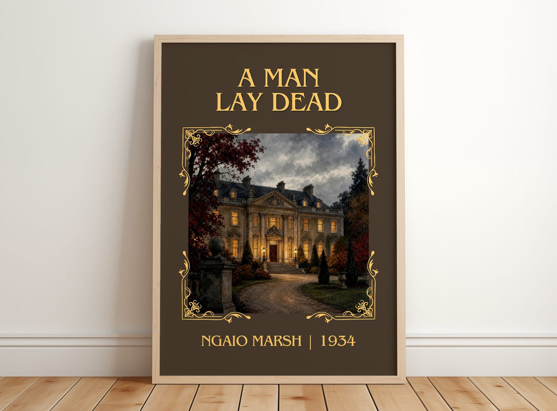 A Man Lay Dead Classic Book Art Print by Ngaio Marsh – framed print leaning on a wooden floor