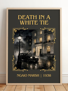 Death in a White Tie Classic Book Art Print by Ngaio Marsh – framed print leaning on a wooden floor