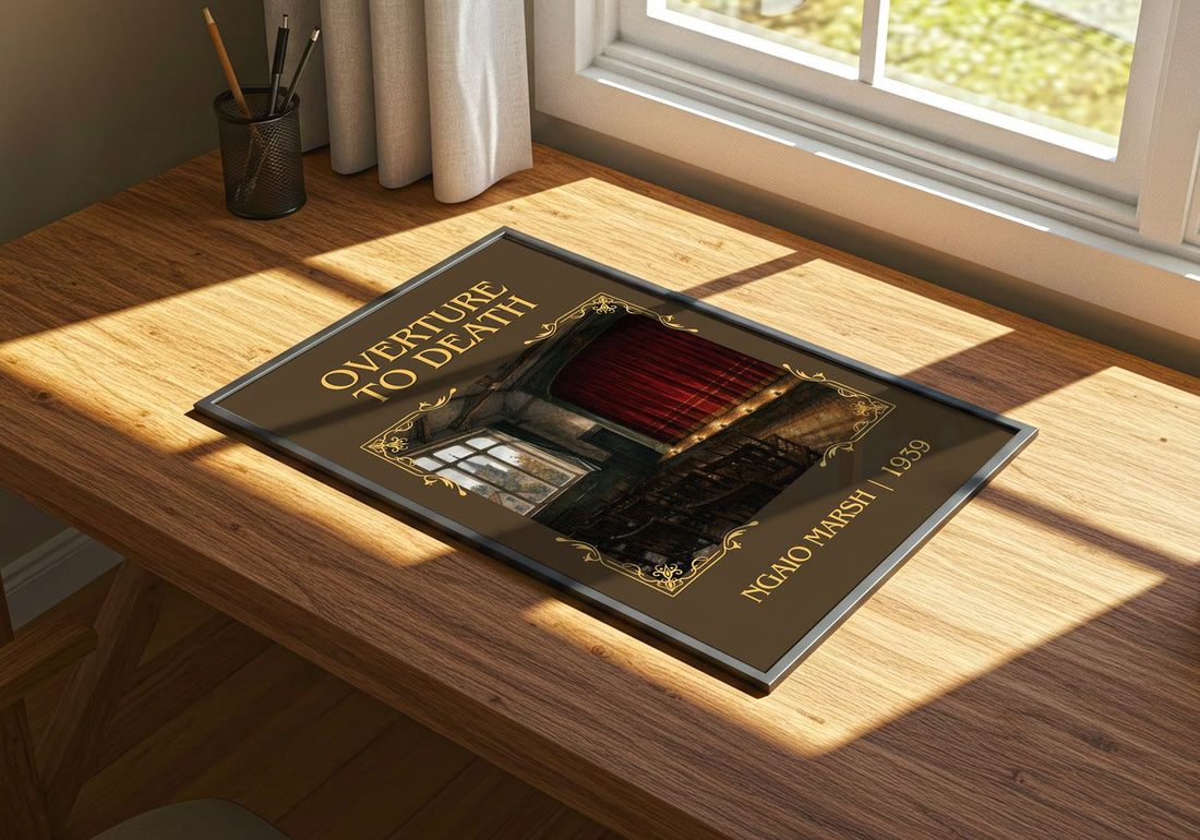 Overture to Death Classic Book Art Print by Ngaio Marsh – print on a sunlit desk
